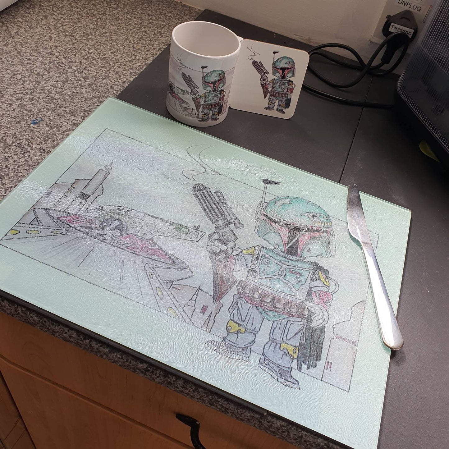 Boba Fett Star Wars Chopping Cutting board worktop saver from original hand drawing