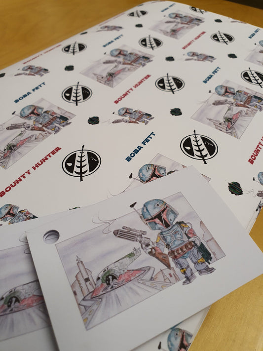Boba Fett Star Wars Mandalorian Wrapping paper, gift wrap with tags from hand drawn artwork