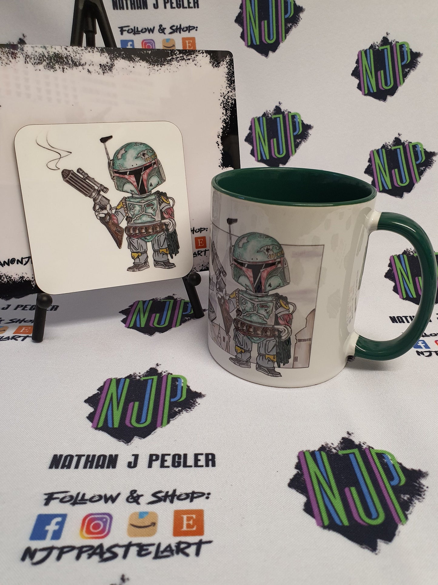 Boba Fett Star Wars Mandalorian mug and coaster set, from hand drawn artwork. Can be personalised