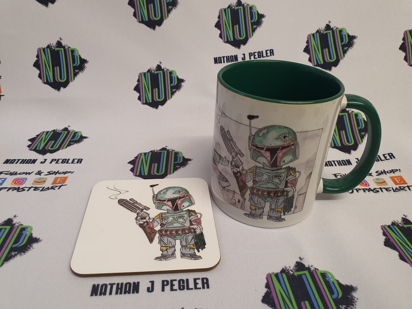 Boba Fett Star Wars Mandalorian mug and coaster set, from hand drawn artwork. Can be personalised