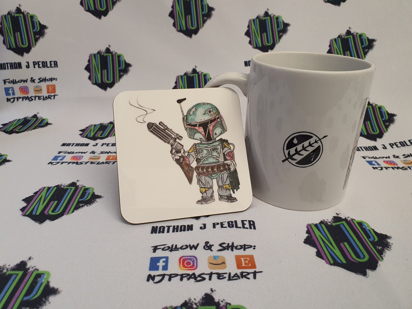 Boba Fett Star Wars Mandalorian mug and coaster set, from hand drawn artwork. Can be personalised