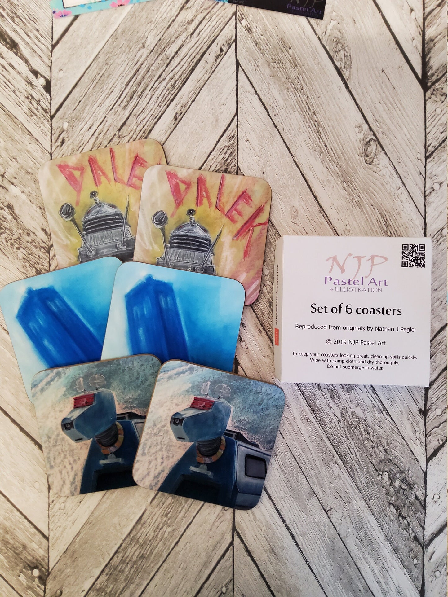 Doctor Who coaster beer mat, K9, Dalek, Tardis, Cyberman, Ice Warrior from Dr Who Inspired pastel original