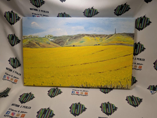 Cherhill White Horse and Monument Pastel artwork on Canvas, Wiltshire landscape art. Limited edition canvas print 16*10 inches